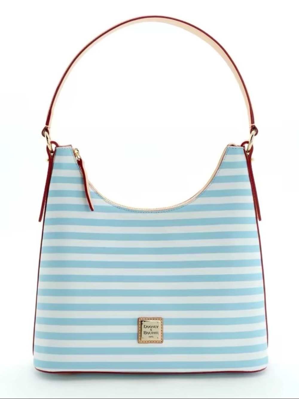 Dooney & Bourke Light Blue and White Striped Shoulder Bag with Red Trim
